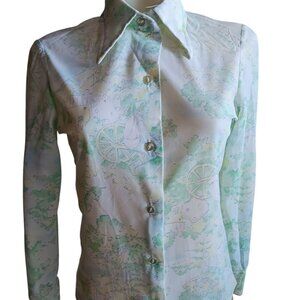 Small 32 Vintage 70's Sheer Nylon Disco Shirt Blouse Scenic Country Print Green